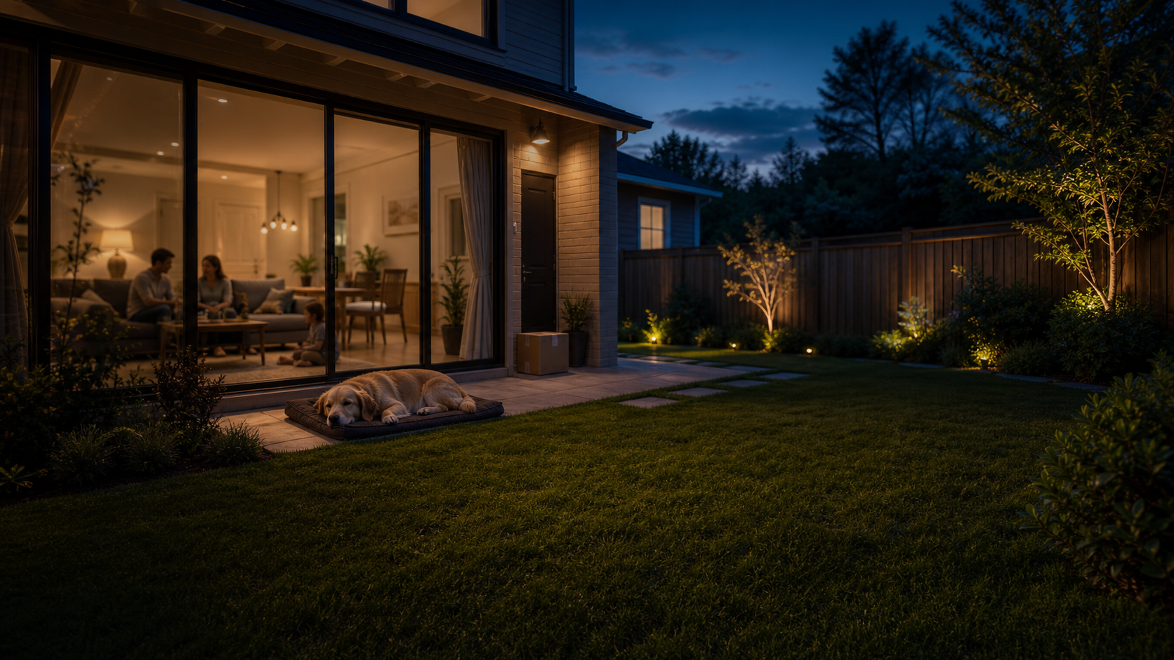 A quiet North American yard at night with warm light from the home